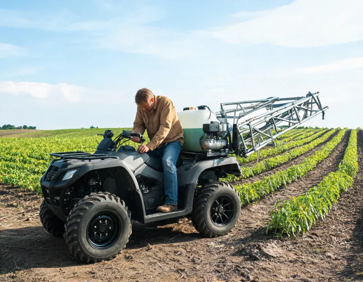 ATV-mounted boom spraying equipment in a crop field