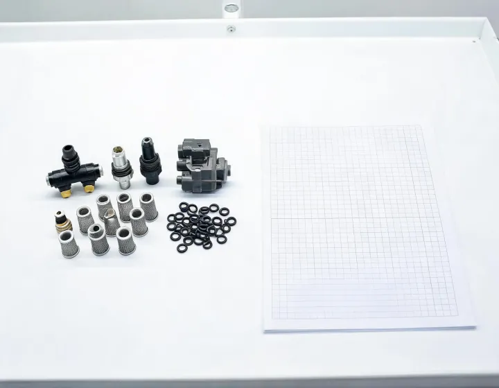 Nozzle kit and section-control components on a workbench